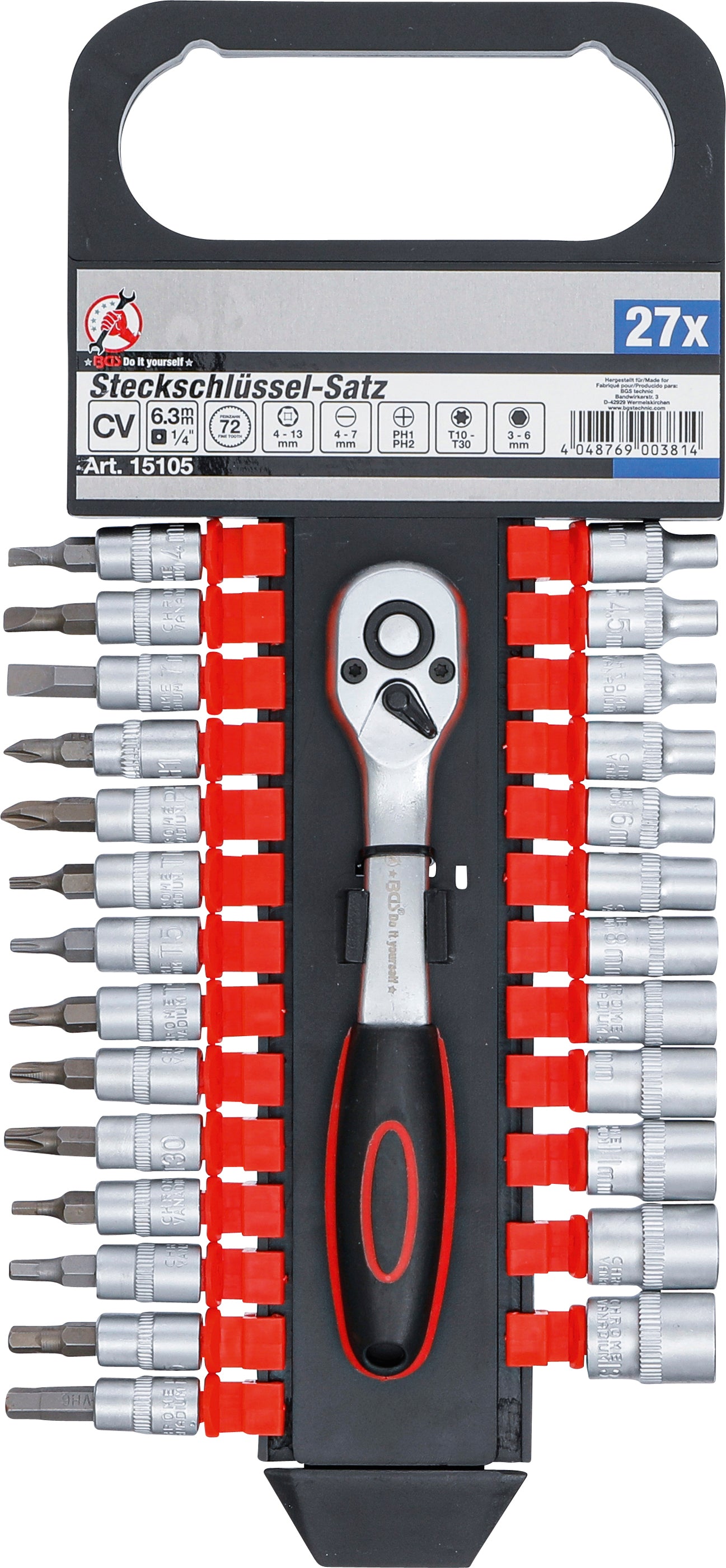 Hylsnyckel-sats | 6,3 mm (1/4") | 4 - 13 mm | 27 delar
