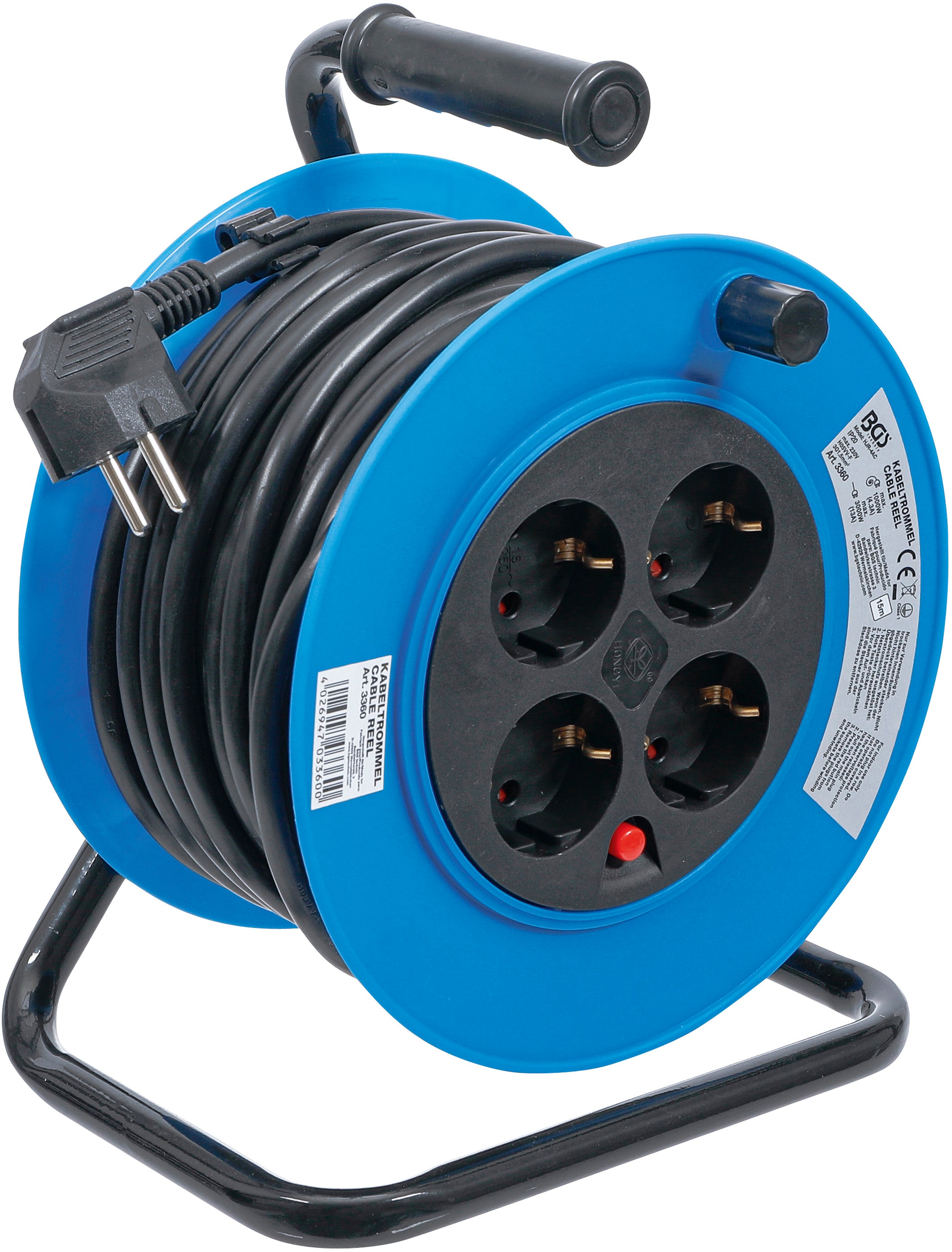 Kabeltrumma | 15 m | 3 x 1,5 mm² | 4 uttag | IP 20 | 3000 W