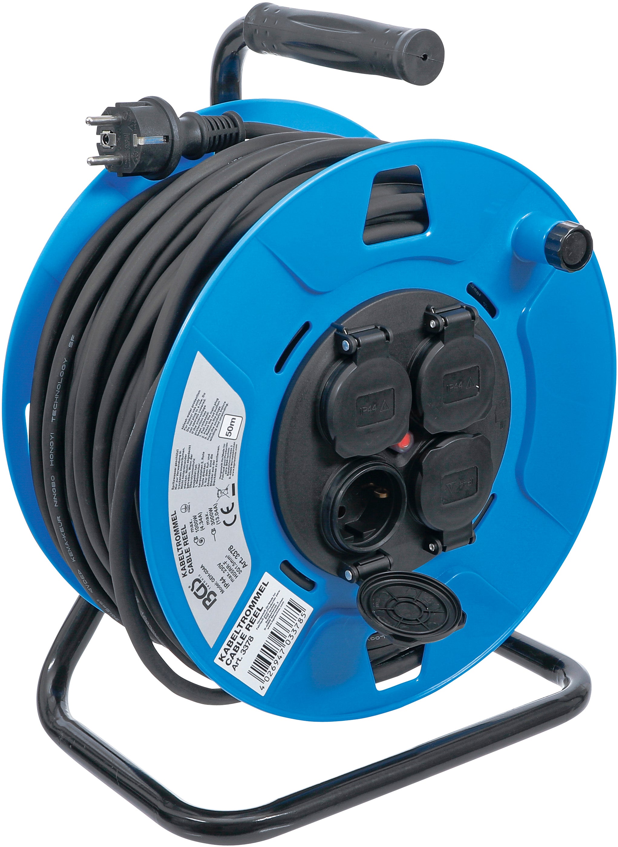 Kabeltrumma | 50 m | 3 x 1,5 mm² | 4 uttag med lock | IP 44 | 3500 W