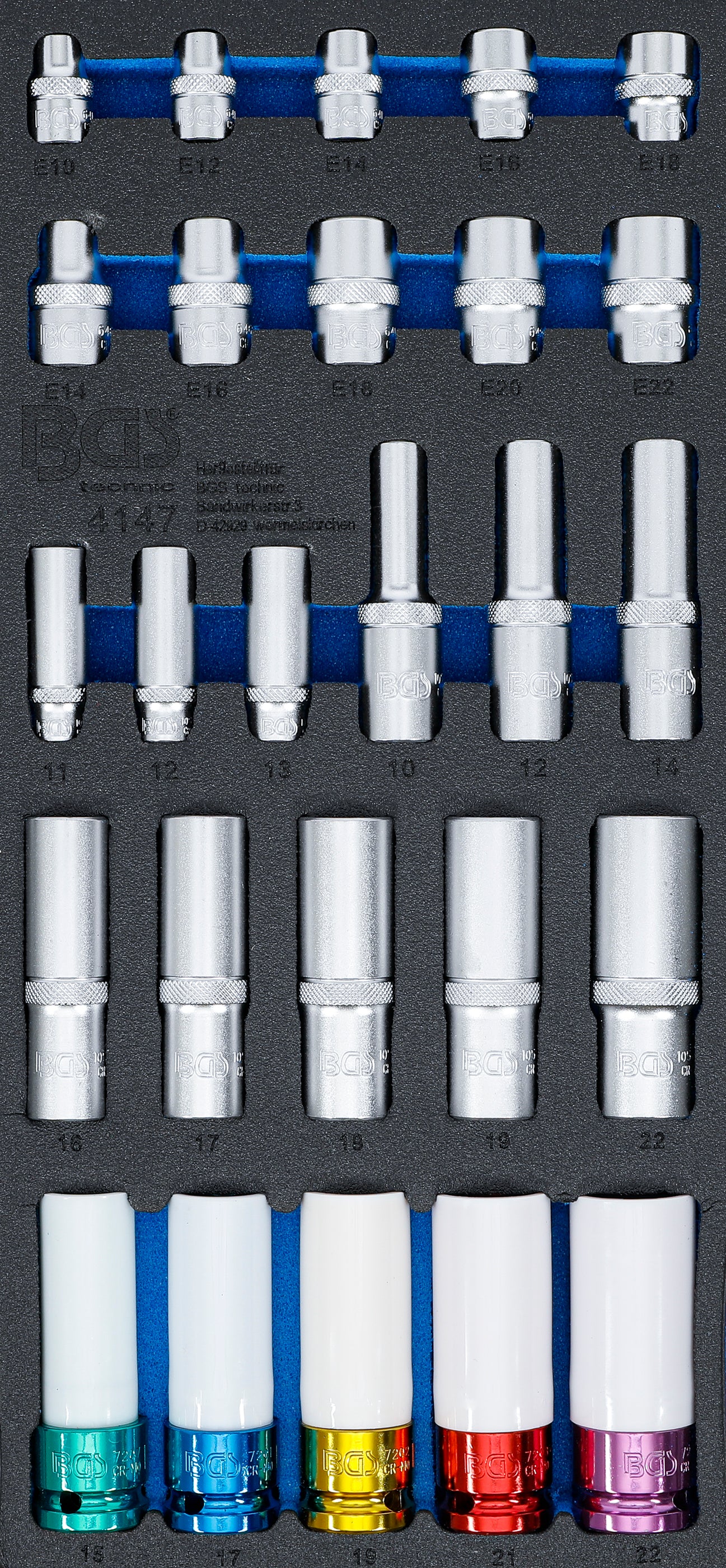 Verkstadsvagninlägg 1/3: Hylsor, sexkant, djupa 11 - 22 mm | E-Profil E10 - E22 | 6,3 mm (1/4"), 10 mm (3/8"), 12,5 mm (1/2") | 26 delar