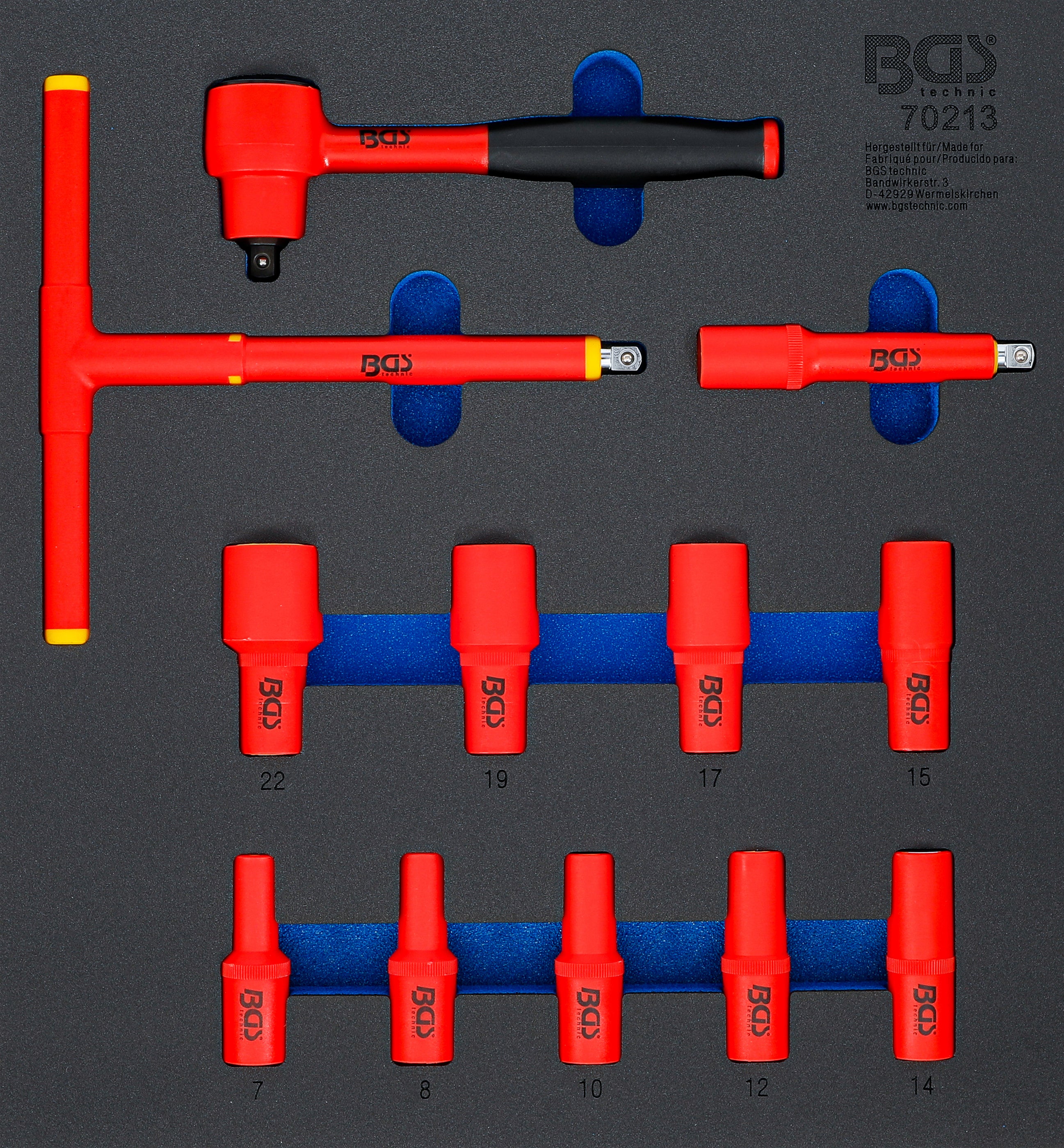 Verkstadsvagninlägg 2/3: VDE-Hylsnyckel-sats | anslutning 10 mm (3/8") | 7 - 22 mm | 12 delar
