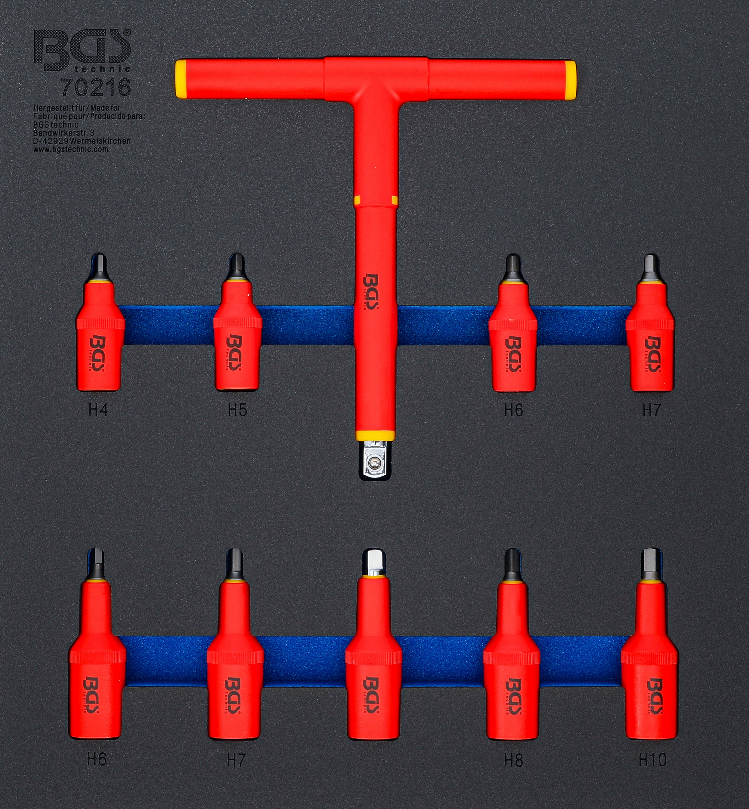 Verkstadsvagninlägg 2/3: VDE-bitshylsa-sats | 10 mm (3/8") / 12,5 mm (1/2") | inre sexkant 4 - 10 mm | 10 delar