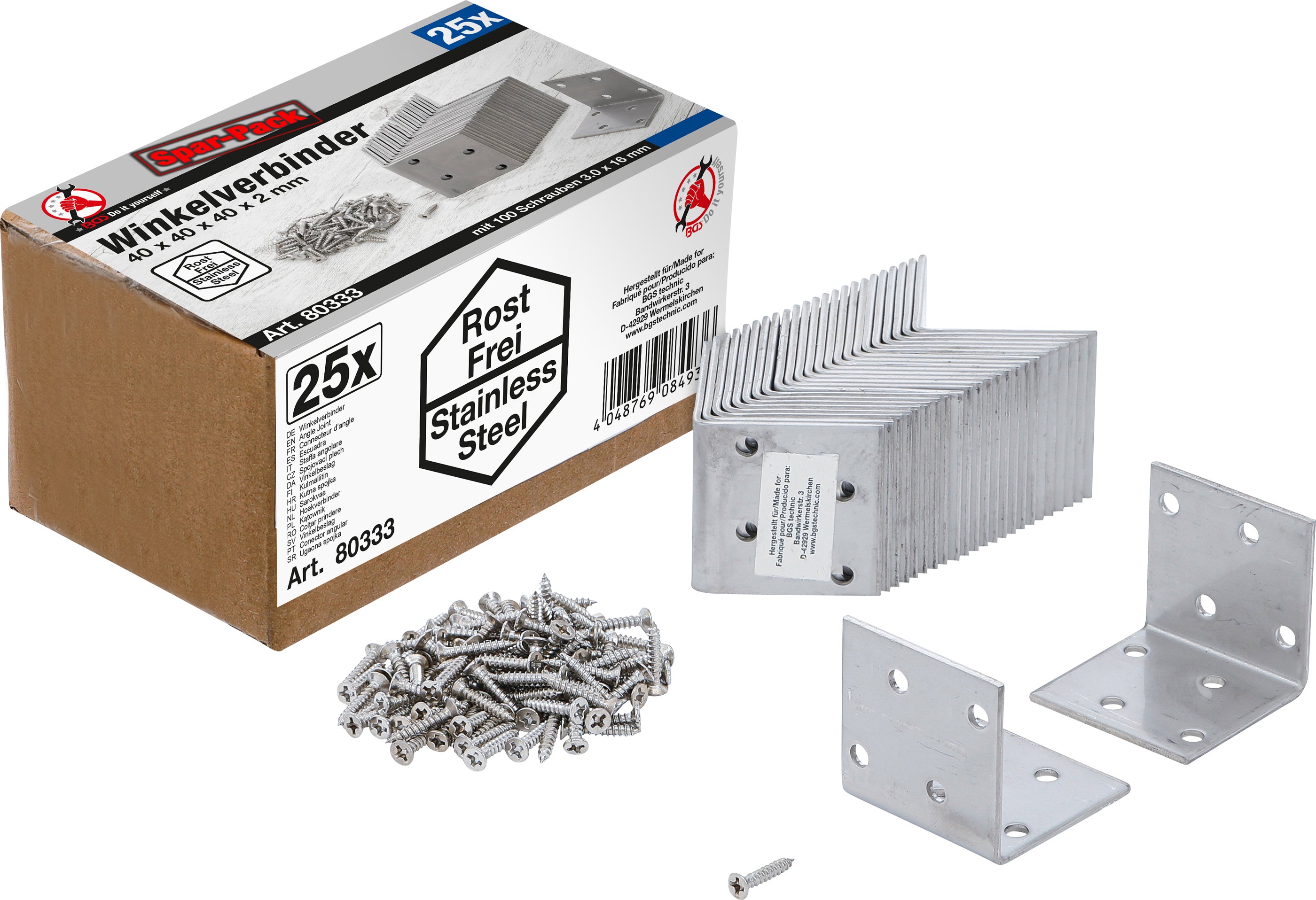 Vinkelbeslag | Rostfri | 40 x 40 x 40 mm | Sparförpackning | 25 stycken