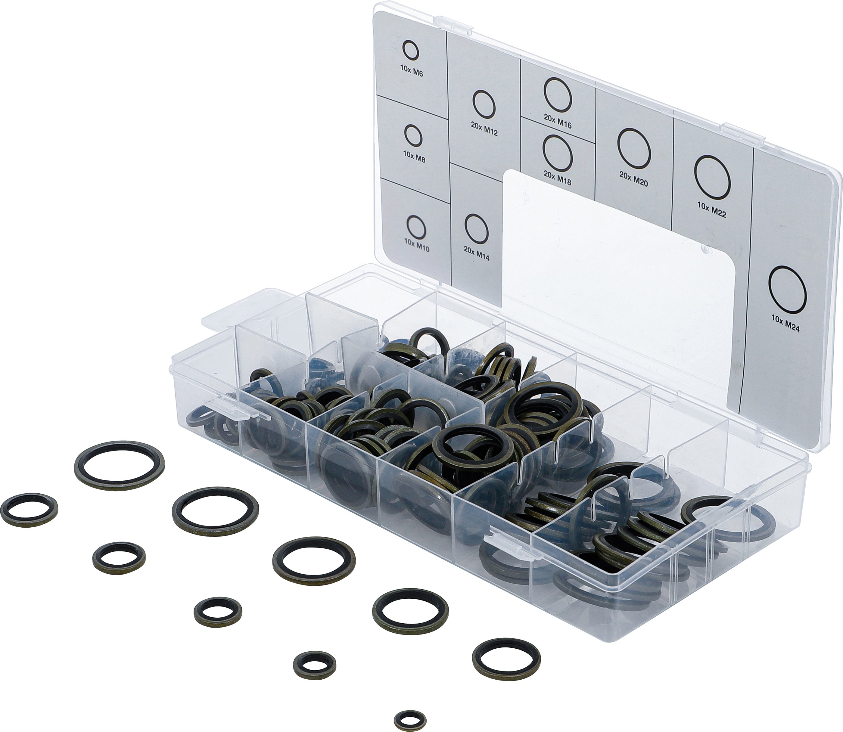 Tätningsring-Sortiment | Metall | Med gummi-tätningsvulst | 150 delar