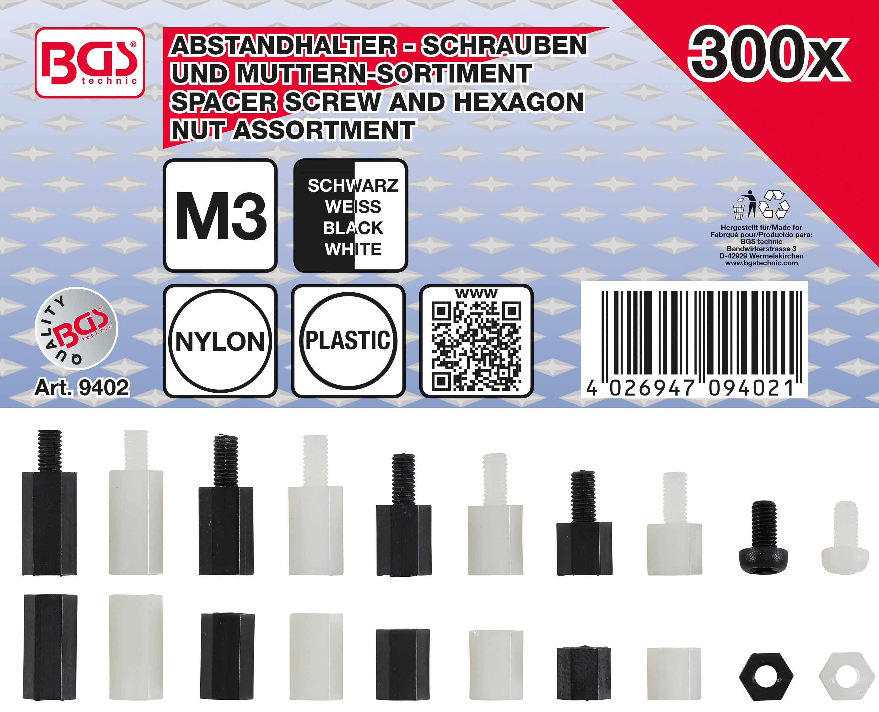 Distanshylsor-Skruv och Sexkant-Mutter-Sortiment | Nylon | 300 delar