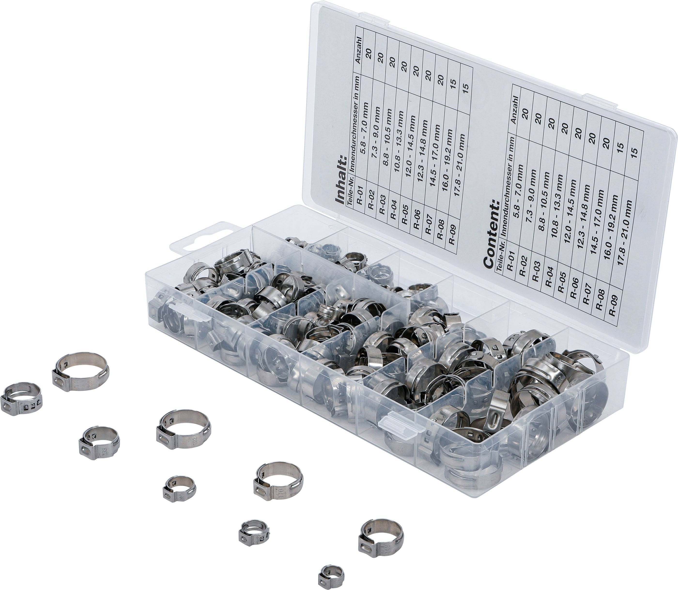 Rostfritt stål-slangklämmor-Sortiment | Ø 5,8 - 21 mm | 170 delar