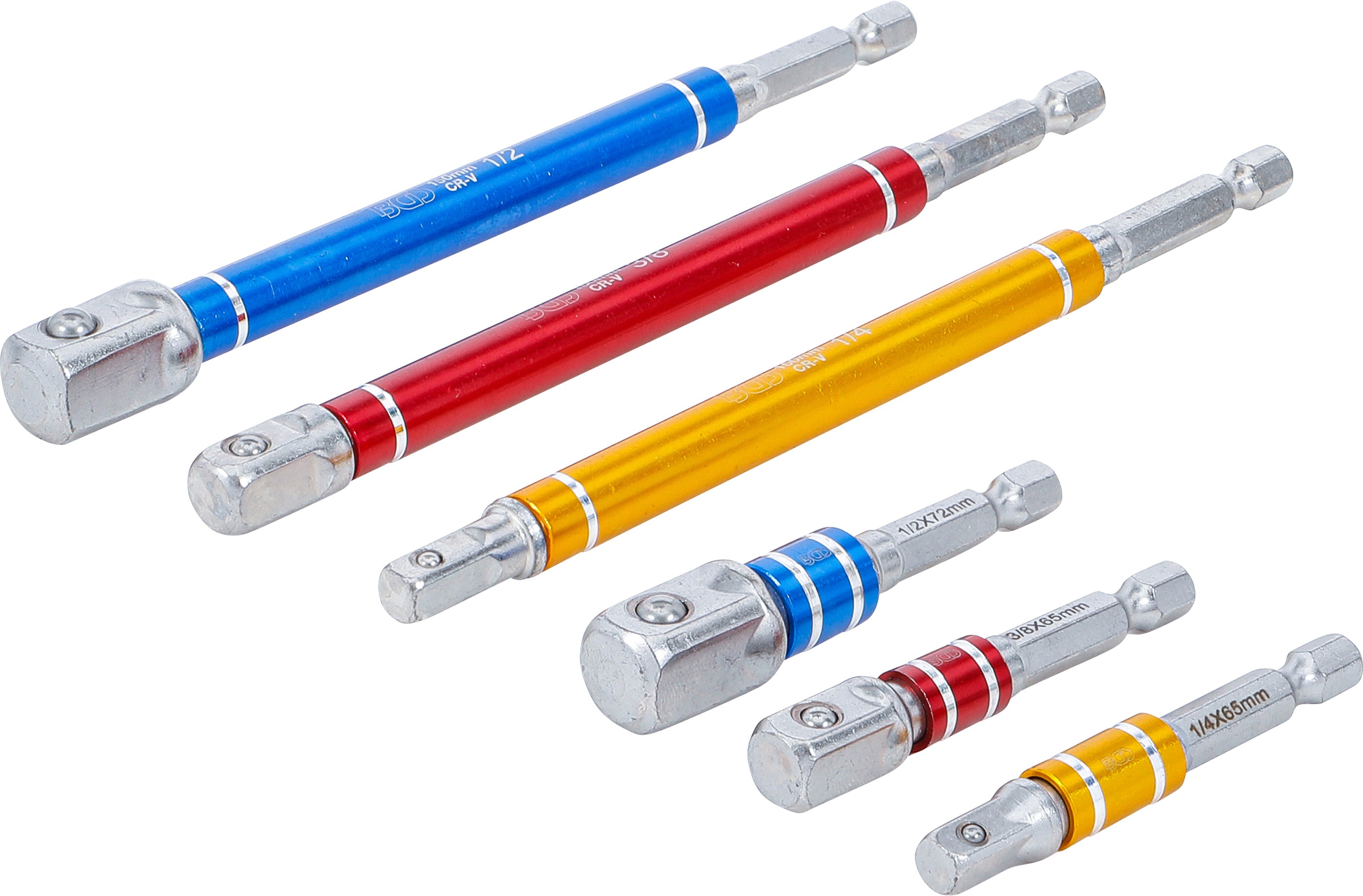 Adaptersats för borrmaskiner | kulört | Fäste yttre sexkant 6,3 mm (1/4") | Yttre sexkant 6,3 mm (1/4"), 10 mm (3/8"), 12,5 mm (1/2")| 75 - 150 mm | 6 delar
